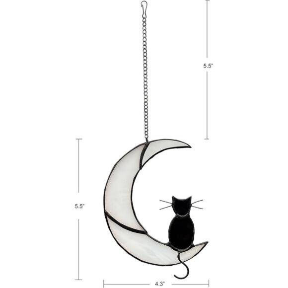 Black Cat Decor On White Moon Stained Glass Window Hanging - Picture 4 of 8